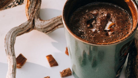 Mug de boisson au champignon adaptogène entouré de morceaux de champignon séché sur un plan clair