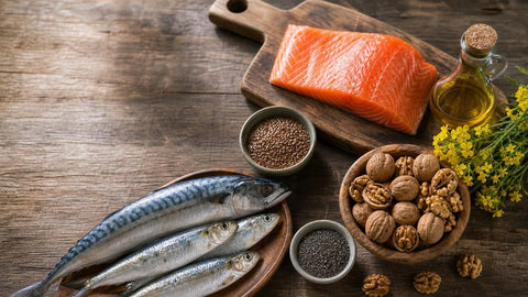 Aliments riches en oméga 3 : saumon, maquereau, sardines, noix et graines de lin sur une table