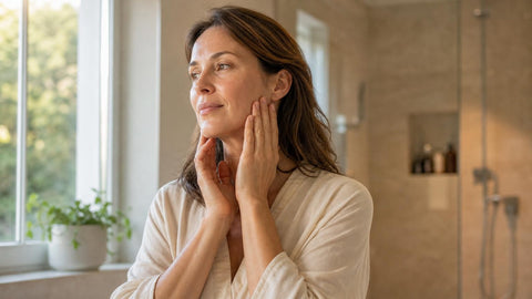 Femme touchant son visage près d'une fenêtre pour évaluer la fermeté et raffermir la peau au quotidien